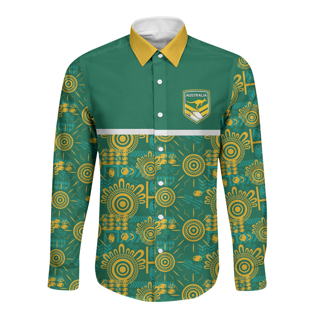 Australia Rugby Kangaroo Long Sleeve Button Shirt Green Gold Aboriginal Dot Geometry