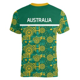 Australia Rugby Kangaroo Women V-Neck T-Shirt Green Gold Aboriginal Dot Geometry