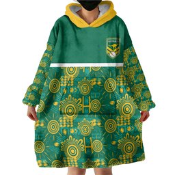Australia Rugby Kangaroo Wearable Blanket Hoodie Green Gold Aboriginal Dot Geometry
