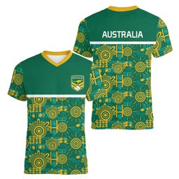 Australia Rugby Kangaroo Women V-Neck T-Shirt Green Gold Aboriginal Dot Geometry