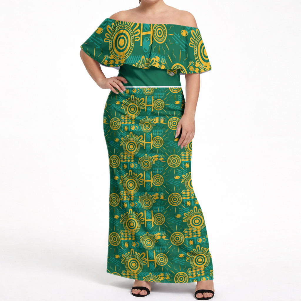 Australia Rugby Kangaroo Off Shoulder Maxi Dress Green Gold Aboriginal Dot Geometry