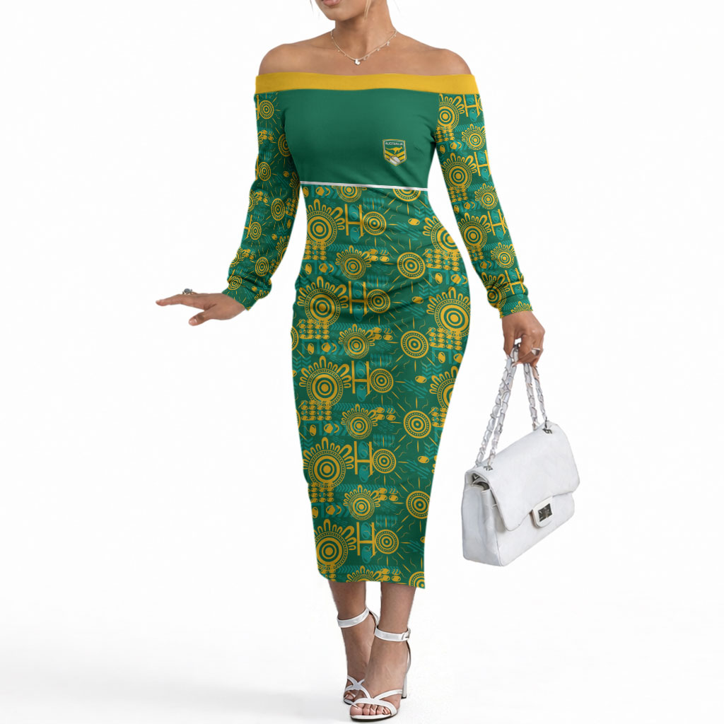 Australia Rugby Kangaroo Off The Shoulder Long Sleeve Dress Green Gold Aboriginal Dot Geometry