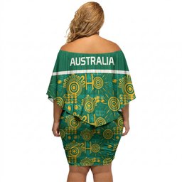 Australia Rugby Kangaroo Off Shoulder Short Dress Green Gold Aboriginal Dot Geometry