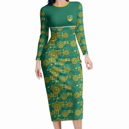 Australia Rugby Kangaroo Long Sleeve Bodycon Dress Green Gold Aboriginal Dot Geometry