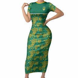 Australia Rugby Kangaroo Short Sleeve Bodycon Dress Green Gold Aboriginal Dot Geometry