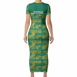 Australia Rugby Kangaroo Short Sleeve Bodycon Dress Green Gold Aboriginal Dot Geometry