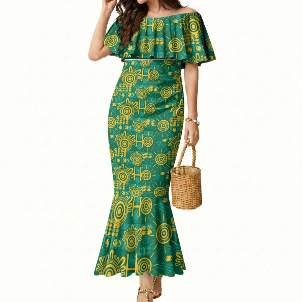 Australia Rugby Kangaroo Mermaid Dress Green Gold Aboriginal Dot Geometry