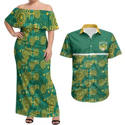 Australia Rugby Kangaroo Couples Matching Off Shoulder Maxi Dress and Hawaiian Shirt Green Gold Aboriginal Dot Geometry