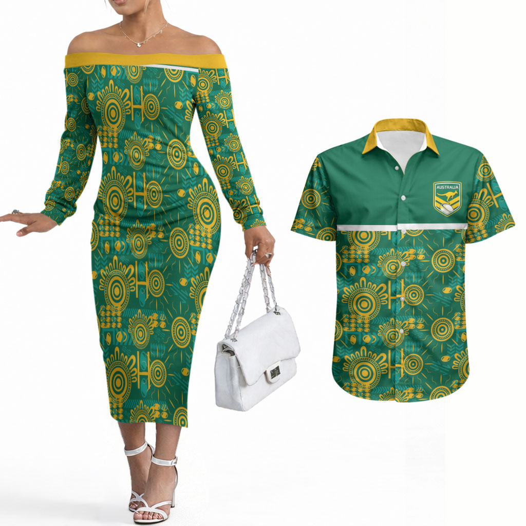 Australia Rugby Kangaroo Couples Matching Off The Shoulder Long Sleeve Dress and Hawaiian Shirt Green Gold Aboriginal Dot Geometry