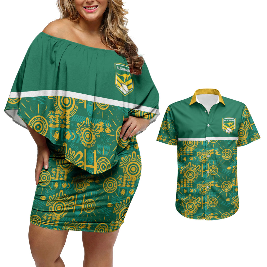 Australia Rugby Kangaroo Couples Matching Off Shoulder Short Dress and Hawaiian Shirt Green Gold Aboriginal Dot Geometry