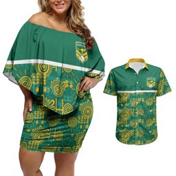 Australia Rugby Kangaroo Couples Matching Off Shoulder Short Dress and Hawaiian Shirt Green Gold Aboriginal Dot Geometry