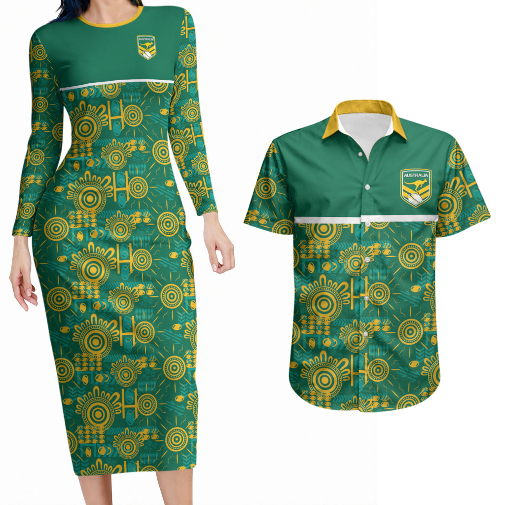 Australia Rugby Kangaroo Couples Matching Long Sleeve Bodycon Dress and Hawaiian Shirt Green Gold Aboriginal Dot Geometry