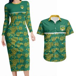 Australia Rugby Kangaroo Couples Matching Long Sleeve Bodycon Dress and Hawaiian Shirt Green Gold Aboriginal Dot Geometry