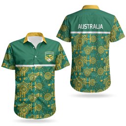 Australia Rugby Kangaroo Couples Matching Off Shoulder Maxi Dress and Hawaiian Shirt Green Gold Aboriginal Dot Geometry