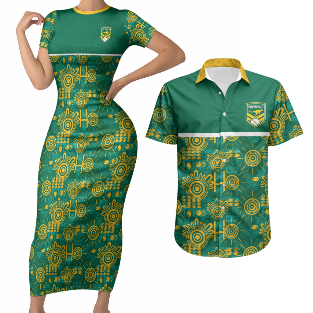 Australia Rugby Kangaroo Couples Matching Short Sleeve Bodycon Dress and Hawaiian Shirt Green Gold Aboriginal Dot Geometry