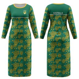 Australia Rugby Kangaroo Couples Matching Long Sleeve Bodycon Dress and Hawaiian Shirt Green Gold Aboriginal Dot Geometry