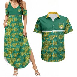 Australia Rugby Kangaroo Couples Matching Summer Maxi Dress and Hawaiian Shirt Green Gold Aboriginal Dot Geometry