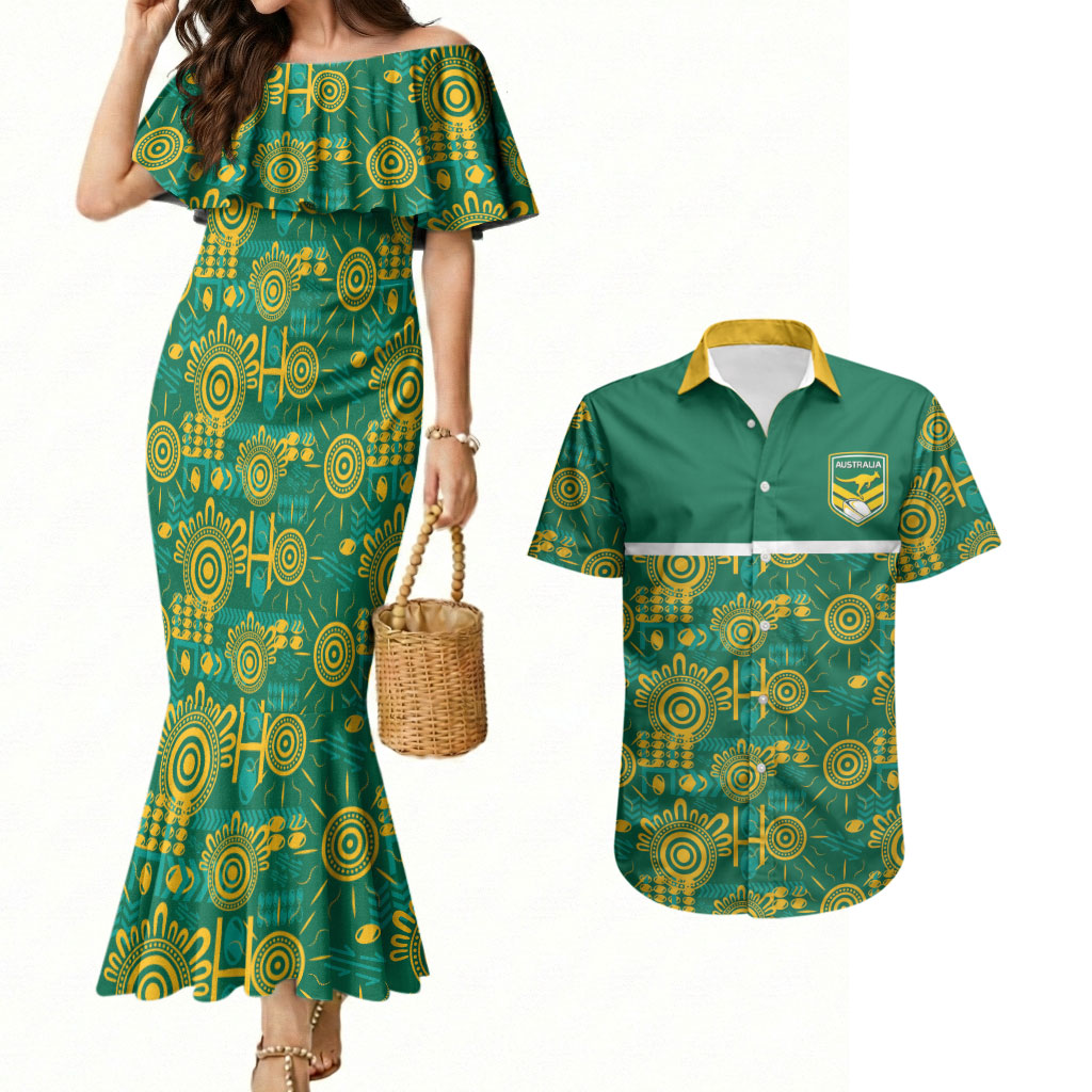 Australia Rugby Kangaroo Couples Matching Mermaid Dress and Hawaiian Shirt Green Gold Aboriginal Dot Geometry