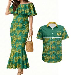 Australia Rugby Kangaroo Couples Matching Mermaid Dress and Hawaiian Shirt Green Gold Aboriginal Dot Geometry