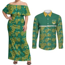 Australia Rugby Kangaroo Couples Matching Off Shoulder Maxi Dress and Long Sleeve Button Shirt Green Gold Aboriginal Dot Geometry
