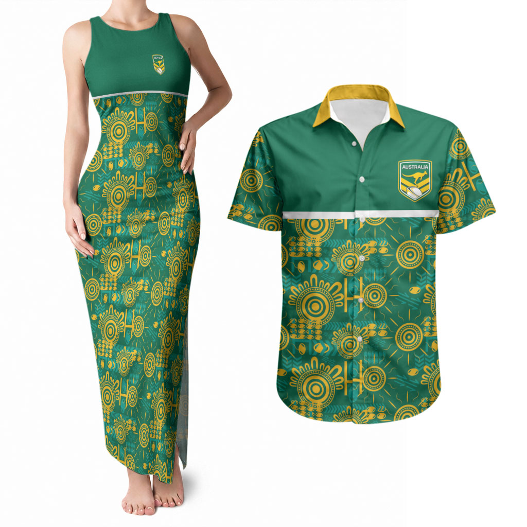 Australia Rugby Kangaroo Couples Matching Tank Maxi Dress and Hawaiian Shirt Green Gold Aboriginal Dot Geometry