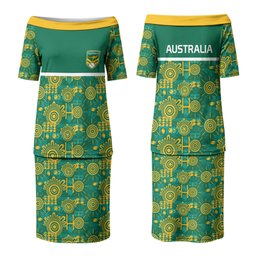 Australia Rugby Kangaroo Couples Matching Puletasi and Hawaiian Shirt Green Gold Aboriginal Dot Geometry