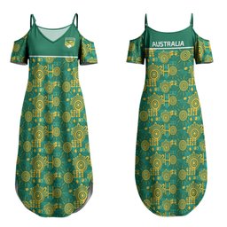 Australia Rugby Kangaroo Couples Matching Summer Maxi Dress and Hawaiian Shirt Green Gold Aboriginal Dot Geometry
