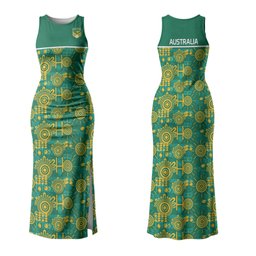 Australia Rugby Kangaroo Couples Matching Tank Maxi Dress and Hawaiian Shirt Green Gold Aboriginal Dot Geometry