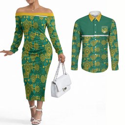 Australia Rugby Kangaroo Couples Matching Off The Shoulder Long Sleeve Dress and Long Sleeve Button Shirt Green Gold Aboriginal Dot Geometry