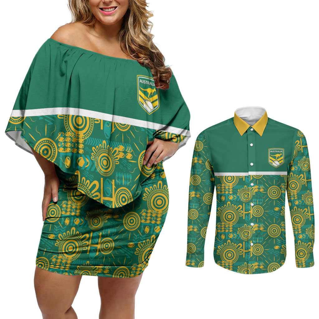 Australia Rugby Kangaroo Couples Matching Off Shoulder Short Dress and Long Sleeve Button Shirt Green Gold Aboriginal Dot Geometry