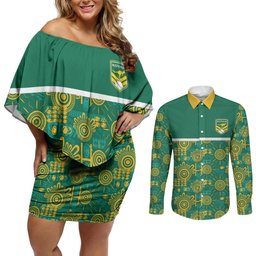 Australia Rugby Kangaroo Couples Matching Off Shoulder Short Dress and Long Sleeve Button Shirt Green Gold Aboriginal Dot Geometry