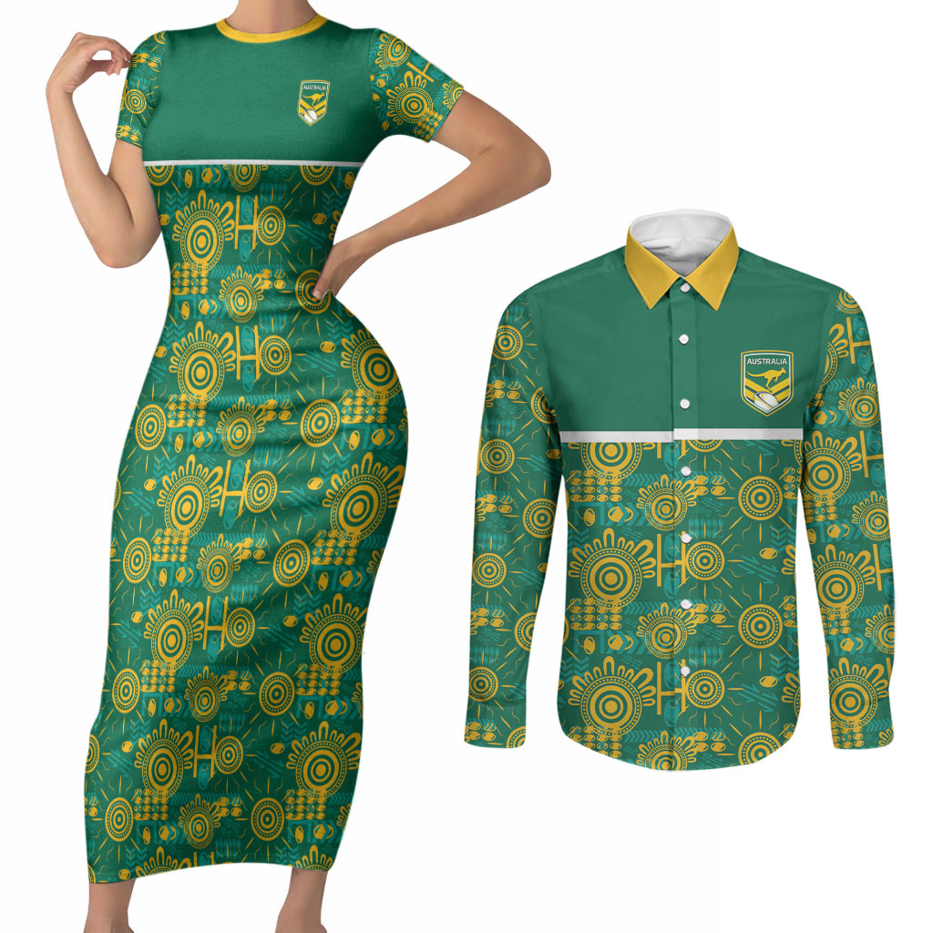 Australia Rugby Kangaroo Couples Matching Short Sleeve Bodycon Dress and Long Sleeve Button Shirt Green Gold Aboriginal Dot Geometry