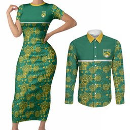 Australia Rugby Kangaroo Couples Matching Short Sleeve Bodycon Dress and Long Sleeve Button Shirt Green Gold Aboriginal Dot Geometry