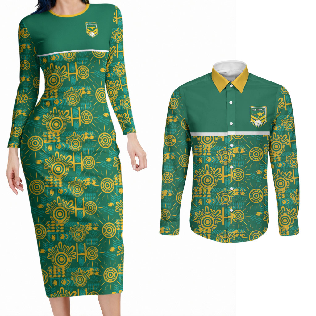 Australia Rugby Kangaroo Couples Matching Long Sleeve Bodycon Dress and Long Sleeve Button Shirt Green Gold Aboriginal Dot Geometry