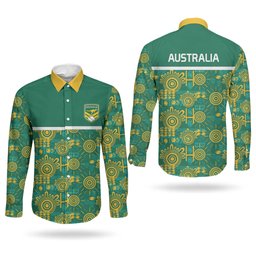 Australia Rugby Kangaroo Couples Matching Short Sleeve Bodycon Dress and Long Sleeve Button Shirt Green Gold Aboriginal Dot Geometry