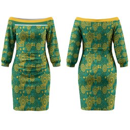 Australia Rugby Kangaroo Couples Matching Off The Shoulder Long Sleeve Dress and Long Sleeve Button Shirt Green Gold Aboriginal Dot Geometry