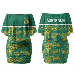 Australia Rugby Kangaroo Couples Matching Off Shoulder Short Dress and Long Sleeve Button Shirt Green Gold Aboriginal Dot Geometry