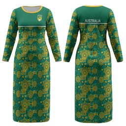 Australia Rugby Kangaroo Couples Matching Long Sleeve Bodycon Dress and Long Sleeve Button Shirt Green Gold Aboriginal Dot Geometry