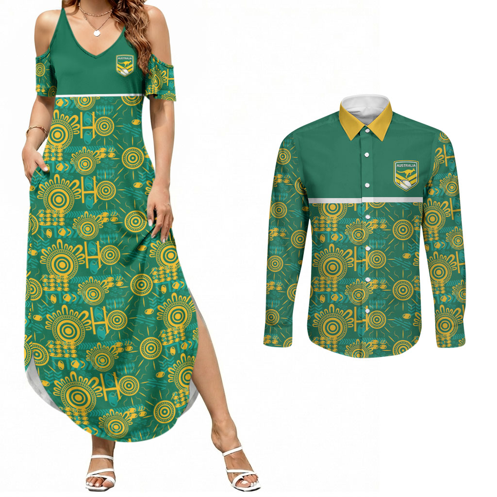 Australia Rugby Kangaroo Couples Matching Summer Maxi Dress and Long Sleeve Button Shirt Green Gold Aboriginal Dot Geometry