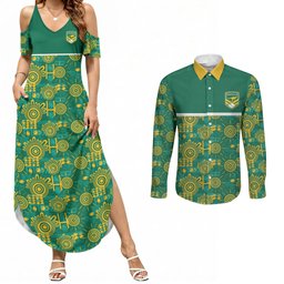 Australia Rugby Kangaroo Couples Matching Summer Maxi Dress and Long Sleeve Button Shirt Green Gold Aboriginal Dot Geometry