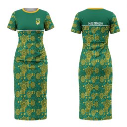 Australia Rugby Kangaroo Couples Matching Short Sleeve Bodycon Dress and Long Sleeve Button Shirt Green Gold Aboriginal Dot Geometry