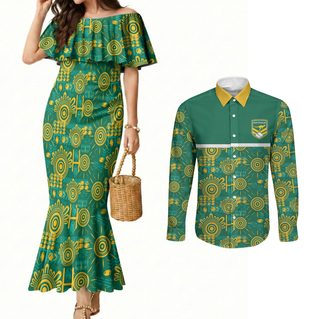 Australia Rugby Kangaroo Couples Matching Mermaid Dress and Long Sleeve Button Shirt Green Gold Aboriginal Dot Geometry