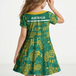 Australia Rugby Kangaroo Kid Short Sleeve Dress Green Gold Aboriginal Dot Geometry
