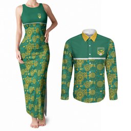 Australia Rugby Kangaroo Couples Matching Tank Maxi Dress and Long Sleeve Button Shirt Green Gold Aboriginal Dot Geometry