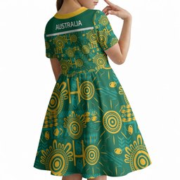 Australia Rugby Kangaroo Kid Short Sleeve Dress Green Gold Aboriginal Dot Geometry