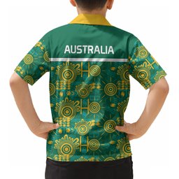 Australia Rugby Kangaroo Kid Hawaiian Shirt Green Gold Aboriginal Dot Geometry