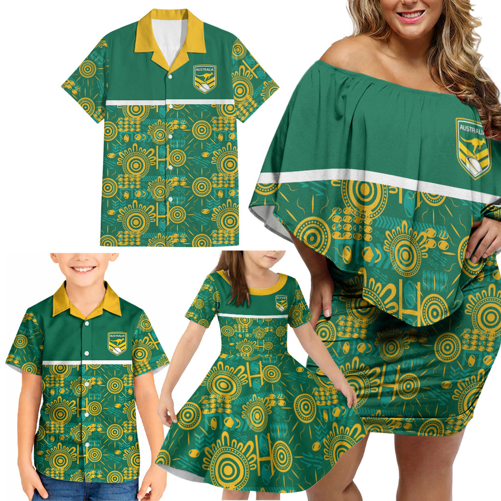 Australia Rugby Kangaroo Family Matching Off Shoulder Short Dress and Hawaiian Shirt Green Gold Aboriginal Dot Geometry