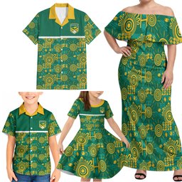 Australia Rugby Kangaroo Family Matching Off Shoulder Maxi Dress and Hawaiian Shirt Green Gold Aboriginal Dot Geometry