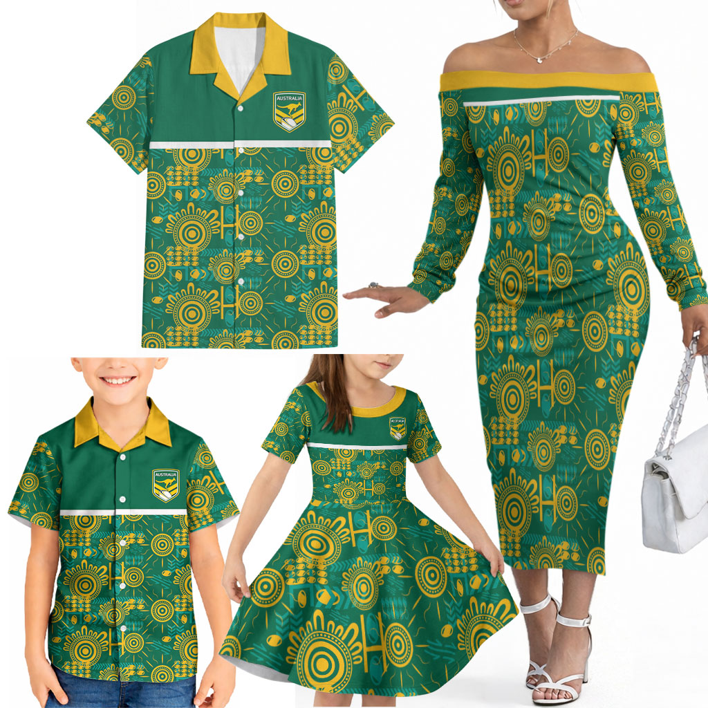 Australia Rugby Kangaroo Family Matching Off The Shoulder Long Sleeve Dress and Hawaiian Shirt Green Gold Aboriginal Dot Geometry