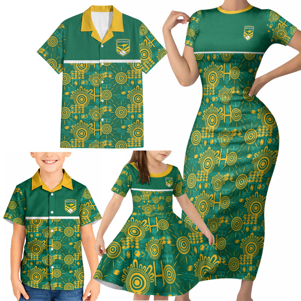Australia Rugby Kangaroo Family Matching Short Sleeve Bodycon Dress and Hawaiian Shirt Green Gold Aboriginal Dot Geometry